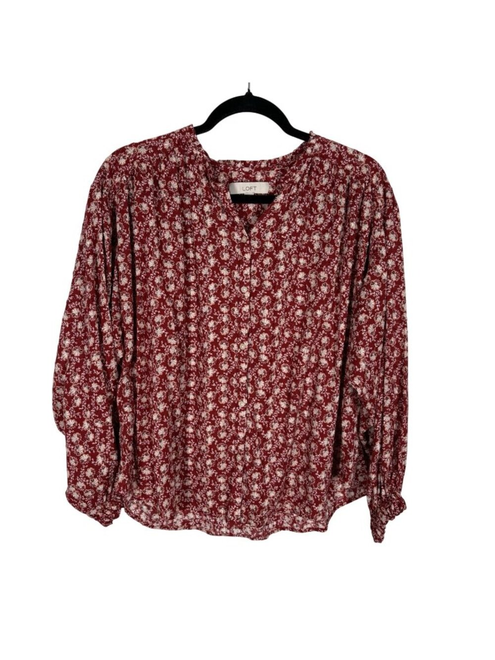 Loft Women L Red Swiss Dot Floral Long Sleeve Button Up Ruffle Boho Peasant Top